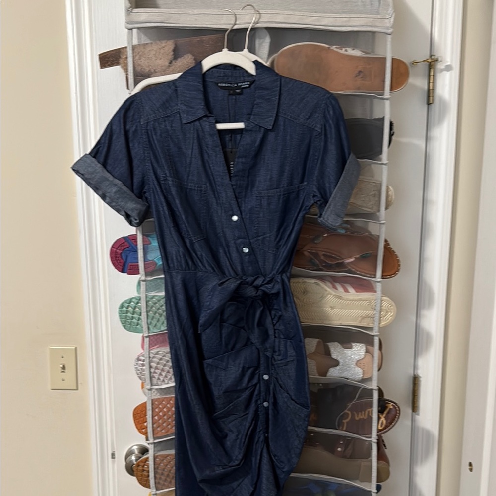 Veronica Beard Blue Ruched Tie Front Midi Dress